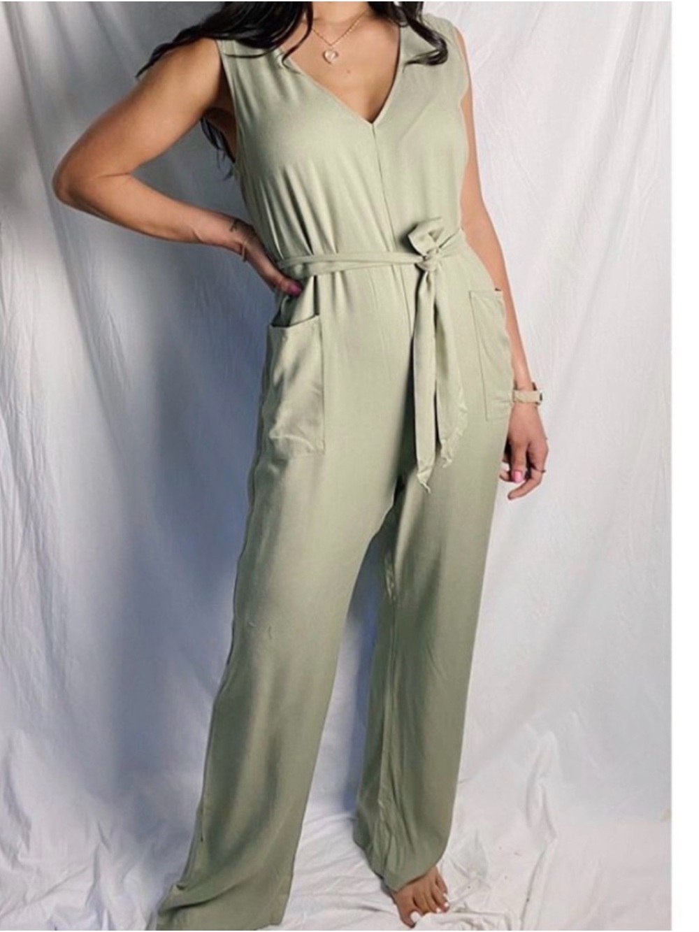Sleeveless V-Neck Tie-Waist Jumpsuit in Light Sage